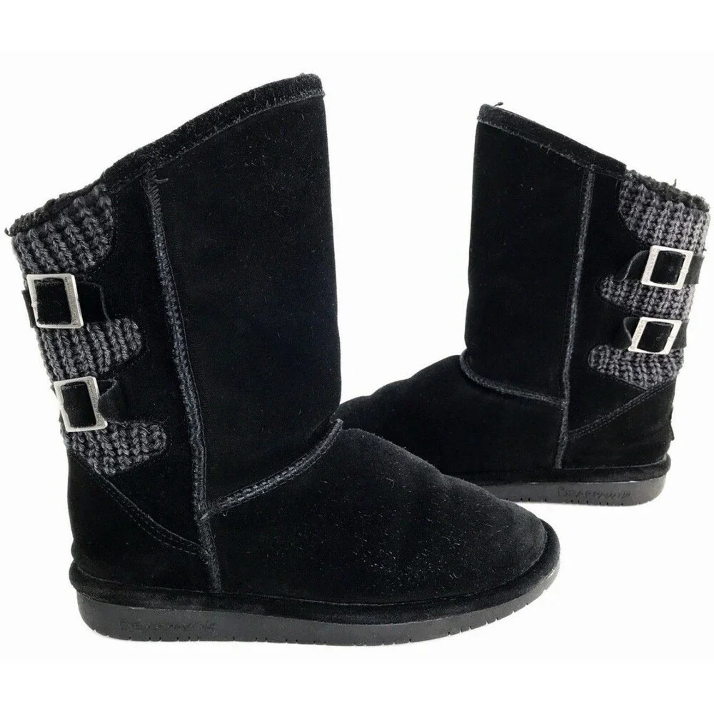Bearpaw Boshie Black Suede Knit Sheepskin Wool Buckle Boots Youth Size 5